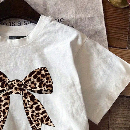 Kids T-shirts Suitable For Spring/Summer Fashion Bowknot Decorative Pattern Leopard Print Casual Simple Girls Round Neck Tees