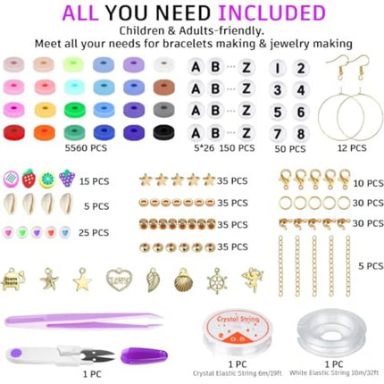 6000 Clay Beads Bracelet Making Kit, 24 Colors Flat Preppy Beads for Friendship Bracelets, Polymer Clay Bead with Charms for Je