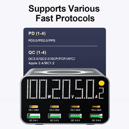 80W/120W 8 Ports Charger station Digital Display USB Type C With Wireless Charger PD QC3.0 Quick Charger For Laptop Tablet Phone