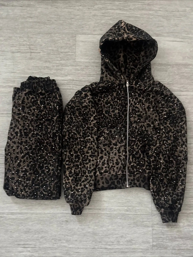 Retro Sweet & Edgy Bling Leopard Print Hoodie Wide Leg Trousers Set Women Y2K Loose Fit Tracksuit 2026
