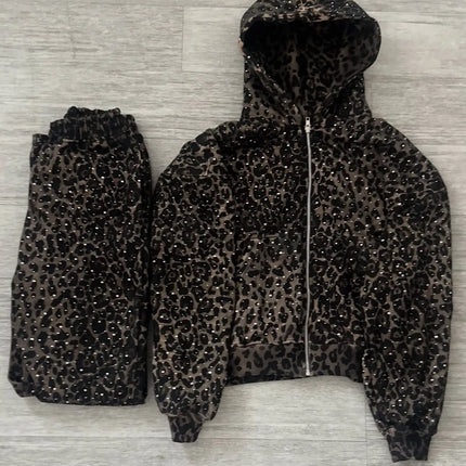 Retro Sweet & Edgy Bling Leopard Print Hoodie Wide Leg Trousers Set Women Y2K Loose Fit Tracksuit 2026