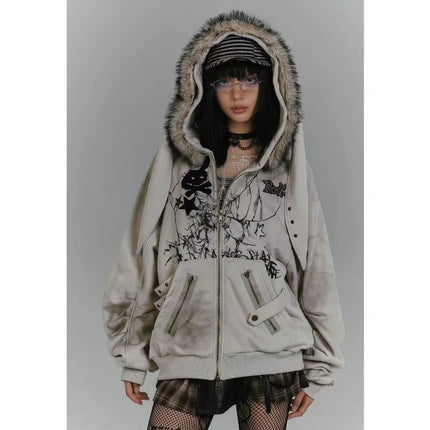 American Vintage Subculture Anime Printed Hoodie Autumn New Harajuku Fox Collar Design Coats Women's Fashion Y2k Loose Clothing