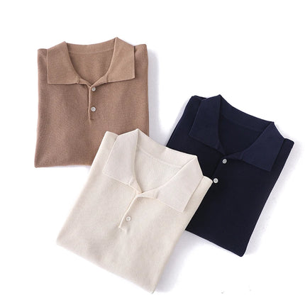 2025 Spring/Summer New Men's Short Sleeved 100% Cotton T-Shirt Sweater POLO Collar Loose Knit Pullover Business Casual Tops