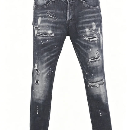 6058 Four Seasons New Men's Wash Grinding Hole Patch Paint Splash Ink Micro-bullet Leg Grey Jeans for Men