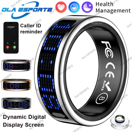 SR16 Smart Ring 3D LED Display Screen Call ID Reminder Heart Rate Sleep Monitoring 5ATM Waterproof Wireless Charging Rings 2025