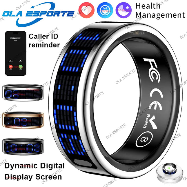 SR16 Smart Ring 3D LED Display Screen Call ID Reminder Heart Rate Sleep Monitoring 5ATM Waterproof Wireless Charging Rings 2025