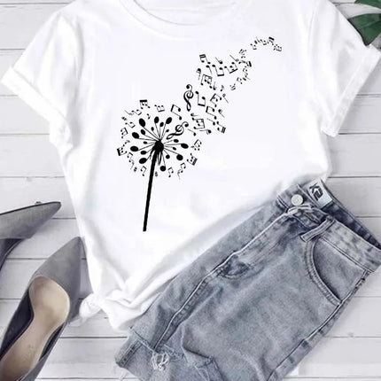 Fashion Women T Shirt Musical Note Printed T Shirt Casual Black Tops 90s Ladies Girls Tee Shirt Female Harajuku Graphic T-shirt
