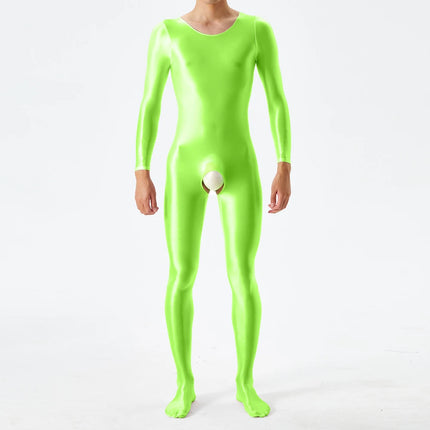 1pc Men Sexy Glossy Bodystocking Long Sleeve Body Jumpsuits Crotchless Bodysuit Ultra-thin Sheer Oily Shiny Underwear