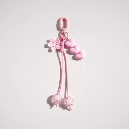 Cute Cherry Blossoms Pendant Keychain Creativity Heart Shape Beaded Woven Rope Small Bell Design Bag Hanging Piece Gift A227