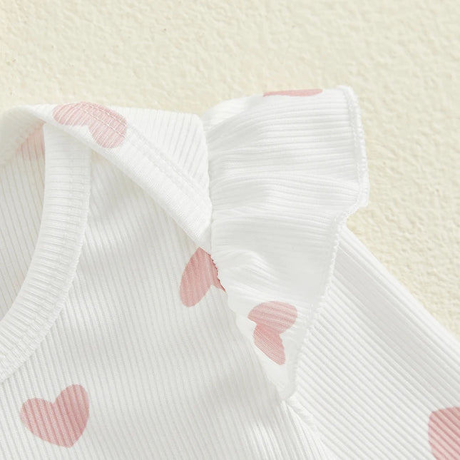 Pudcoco Infant Baby Girls 3Pcs Spring Outfits Heart Print Romper Suspender Skirt Headband Set Newborn Clothes 0-18M