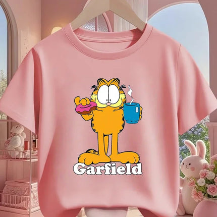 Summer Garfield Fashion T-Shirt Children Boys Girls Cute Kawaii Cartoon Crew Neck Street Casual Wear 3-14T