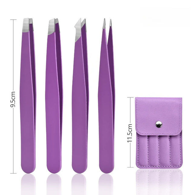 4-piece stainless steel eyebrow tweezers purple set makeup tools for eyelash extension, eyebrow shaping, hair removal