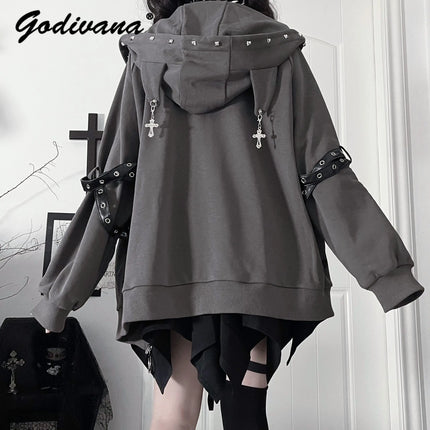 Original Gothic Cross Printed Loose Hoodie Jacket New Spring Women's Subculture Cool Rivet Drapey Zipper Coat Outwear
