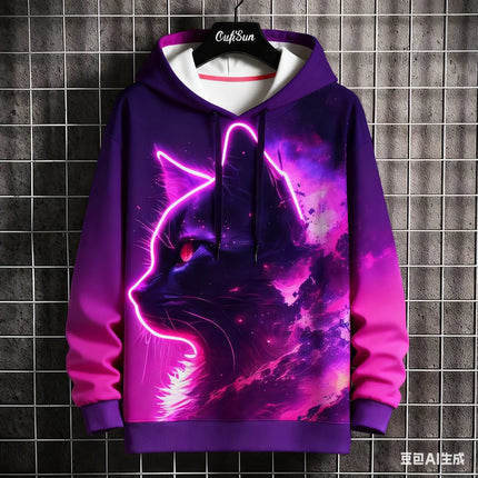 Japanese Samurai Cat Print Men's Hoodies Autumn and Winter Comfortable Loose Pullover Fashion Casual Sweatshirts Street Clothes