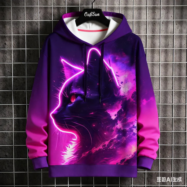 Japanese Samurai Cat Print Men's Hoodies Autumn and Winter Comfortable Loose Pullover Fashion Casual Sweatshirts Street Clothes