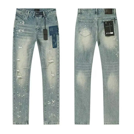 2026 RTA Men's Slim Fit Jeans Collection Distressed Ripped Paint Splatter Studded Patch Vintage Washed Streetwear Fashion Pants