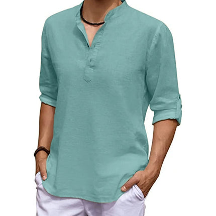 New Men's Linen Long Sleeve V-neck T Shirt Solid Color Oversize Casual Shirt Cotton Shirt Plus Size Yoga Button Shirts for Men