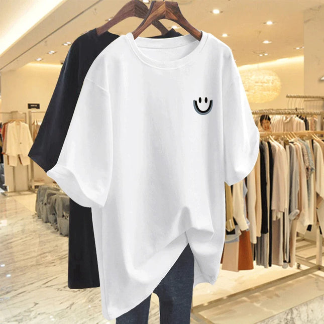 Women Clothing Pure Cotton Smiling Printing Basic T-shirt Summer Fashion Casual O-neck Short Sleeve Top Tee Oversized Pullovers
