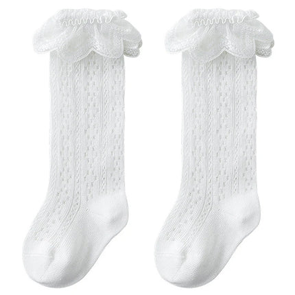 Pudcoco Toddler Girls Knee High Socks Summer Breathable Knit Lace Ruffle Princess Socks for Party, Wedding, Photography 0-3T