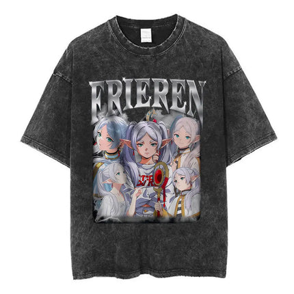 Anime Frieren: Beyond Journey's End Graphic Washed Vintage T-shirt Men's Women Fashion Short Sleeve Cotton Casual Loose T Shirts
