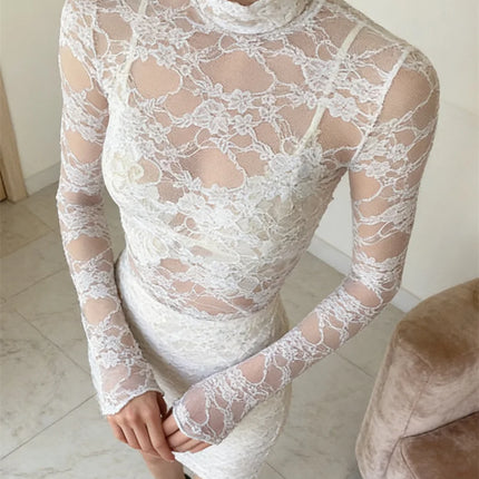 Women's Lace Floral T-shirt Long Sleeve Mock Neck Lace Slim Tee Tops Summer Sexy Retro See Through Crop Tops