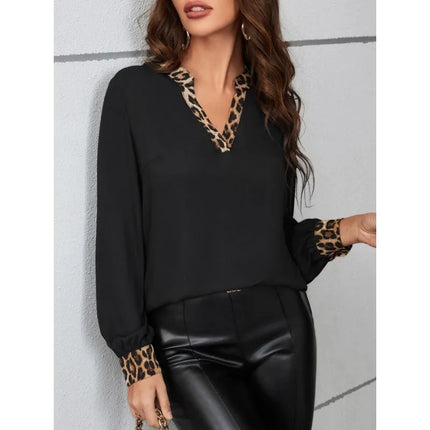 Plus Size 1XL-5XL Women's Fashion V-neck Leopard Print Blouse Shirt Ladies Casual and Comfortable Long Sleeved Pullover Shirt
