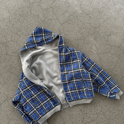 American Double-Sided Plaid Loose Zipper Hoodie Men Y2K New Harajuku Hip-Hop Gothic Couple Casual Joker Sweatshirt Streetwear