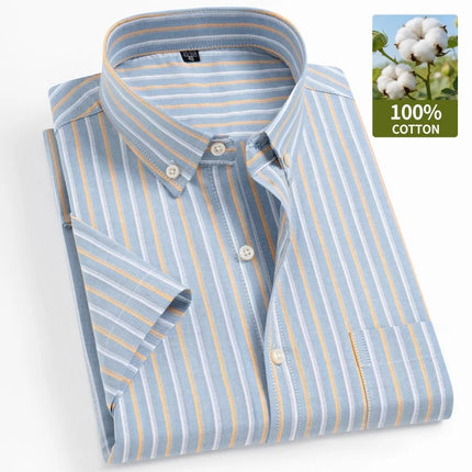 New 100% Cotton Oxford Men's Shirts Short Sleeve Plaid Soft Regular Fit Formal Dress Shirt Social Blouse Male Clothes 6XL 7XL