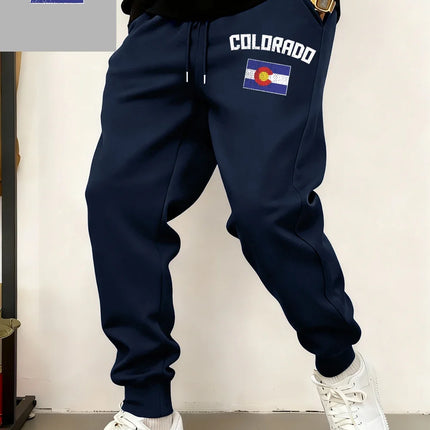 Colorado Flag Printed Sweatpants Mens Casual Pocket Jogger Pants Winter Fleece Warm Oversized Trousers Basics Male Streetwear