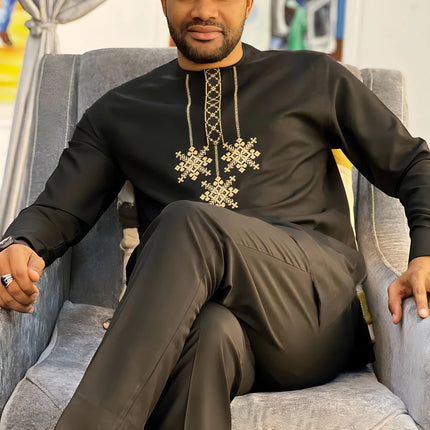 African Traditional Man Outfit Men 2PCS Suits Long-sleeved Round Neck Male Sets Shirt Top Pant Ethnic Style Casual Wear clothing