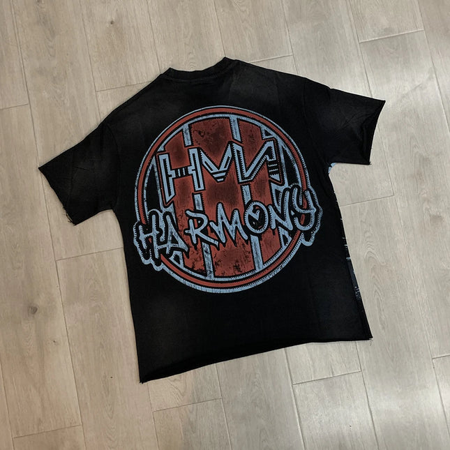 Graffiti Streerwear Washed Letter Shinning Diamond Short Sleeve Mens Tshirts Crew Neck Pure Cotton Baggy Rhinestone Top Tees