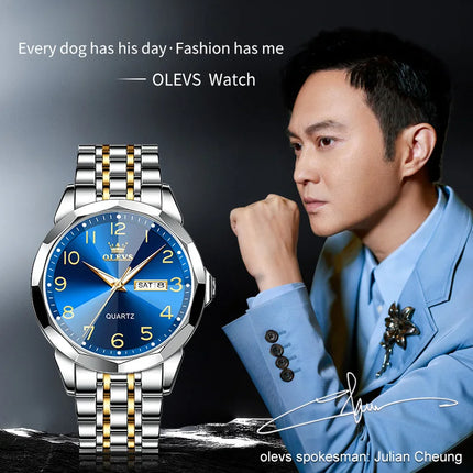 OLEVS Original Luxury Brand Watch for Men Waterproof Silver Stainless Steel Classic Casual Quartz Wristwatch Date Week Man Gift
