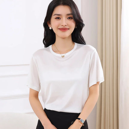 Summer Women's Short Sleeve O-Neck T-Shirt Knitted Acetate Fabric High-End Thin Pullover Top for Ladies
