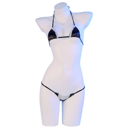 Anime Mini Bikini Set Black  Pu Leather Maid Bathing Suits Leather Bra With Lace Cosplay Costume Girl Swimsuit Role Play Lace