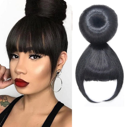 Jeedou Chignon Synthetic Hairpiece Clip On Hair Bun with Bangs Spherical Updo Natural Black Color Easy Wear Fashion for Women