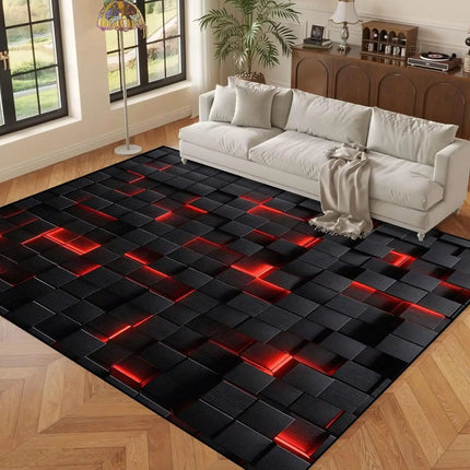 Black Red 3D Cube Print Rug, Glowing Square Block Geometric Pattern, Non-Slip Washable Mat for Living Room Sofa Dining Room Indoor