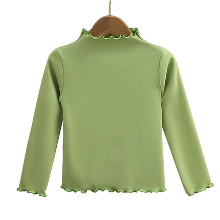 Autumn-Winter Girls Long Sleeve Solid Color Ruffled Collar T-Shirt Girls Fashionable Comfortable Everyday Wear T-Shirt