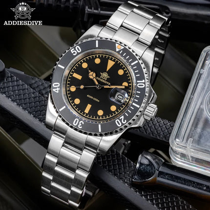ADDIESDIVE 41mm Mens Dive Watch 200M Water Resistant Vintage Super Luminous Ceramic Bezel Date Display 316L Steel Quartz Watch