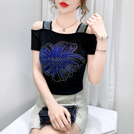 New Summer European Clothes Women's T-Shirts Luxury Butterfly Hot Diamonds Tees Sexy Streetwear Off-Shoulder Tops Shirt