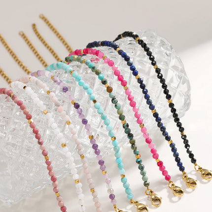 Muliti-color 3mm Faceted Nature Stone Beaded Bracelet For Women Shiny Stainless Steel Square Spacers Exquisite Party Gift