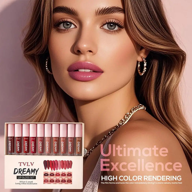 10pcs Dream Lip Gloss Set Matte Velvet Waterproof Lip Glaze Lightweight Delicate Smooth Lasting Without Decolorization Lipstick