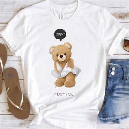 Women's Cute Bear Graphic T-shirt Short-Sleeved Clothes Women's Print T-shirt Summer 90s Fashion Style Women's Fashion T-shirt