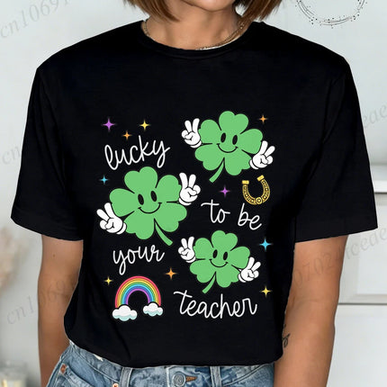 St Patrick's Day Teacher Shirt, Lucky Teacher Women's T-Shirts，Retro T-Shirts，unisex Tops Tees,short Sleeve Women's Clothing