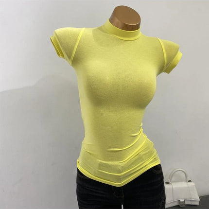 Semi-sheer high-neck T-shirt, Korean style, short-sleeved, slim-fit, elastic, solid inner layering shirt, sexy, for large busts