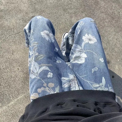 Spring Printed Jeans Korean Style Men's Floral Denim Pants High Street Loose Straight Trousers for Couples Baggy Hosen Herren