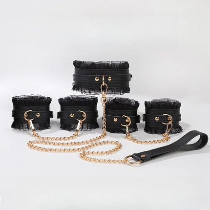 Sexy Lace Hand and Foot Cuffs with Leash Collar Bondage Seven-Piece Set Maid Training Props Couple Role-Play Intimate Toys 18+