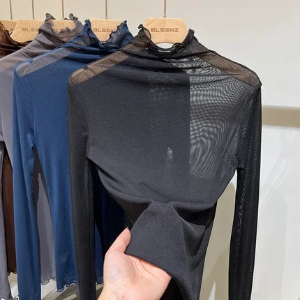 High Neck Sheer Mesh Top Women Clothing Long Sleeve Turtleneck T-shirt Korean Sexy See Through Black White Beige Shirt New