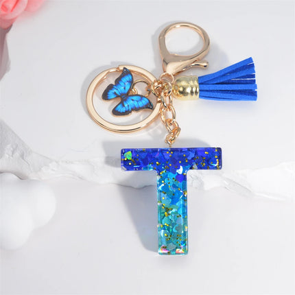 26 English Alphabet Letter Tassels Keychain Crystal Acrylic Butterfly Pendent Key Chain Women Gift Fashion Jewelry Accessories