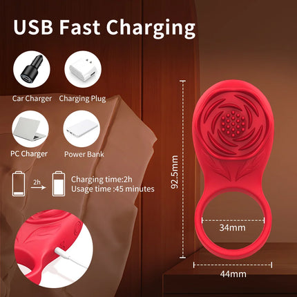 Men Rose Vibrating Cock Ring Penis Ring Ejaculation Delay Vibrator Clitoral Stimulator Penis Cockring Sex Toys for Couple