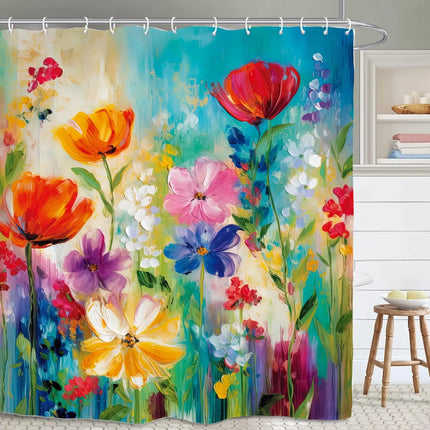 Pink Green Flower Bathroom Shower Curtain Watercolor Botanical Spring Blush Cute Plant Polyester Fabric Hooks Waterproof Decor